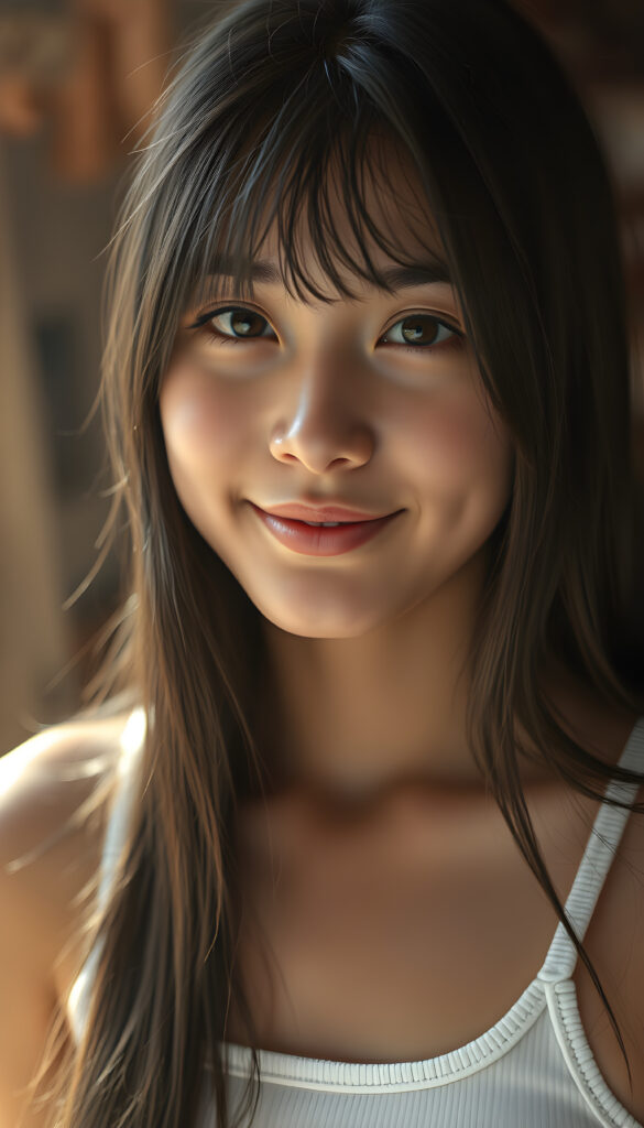 A young super photo realistic well busty girl with long, soft black straight hair and bright, detailed eyes, wearing a white cropped tank top. Her skin has a pale, almost translucent quality, and she smiles warm at the camera, the scene is bathed in warm, golden light, creating a whimsical and serene atmosphere.