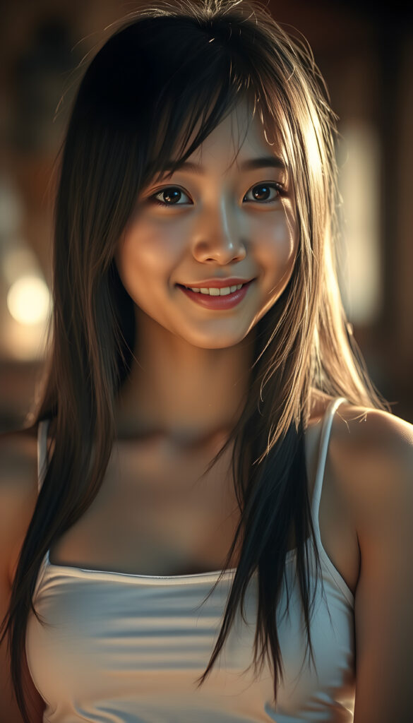 A young super photo realistic well busty girl with long, soft black straight hair and bright, detailed eyes, wearing a white cropped tank top. Her skin has a pale, almost translucent quality, and she smiles warm at the camera, the scene is bathed in warm, golden light, creating a whimsical and serene atmosphere.