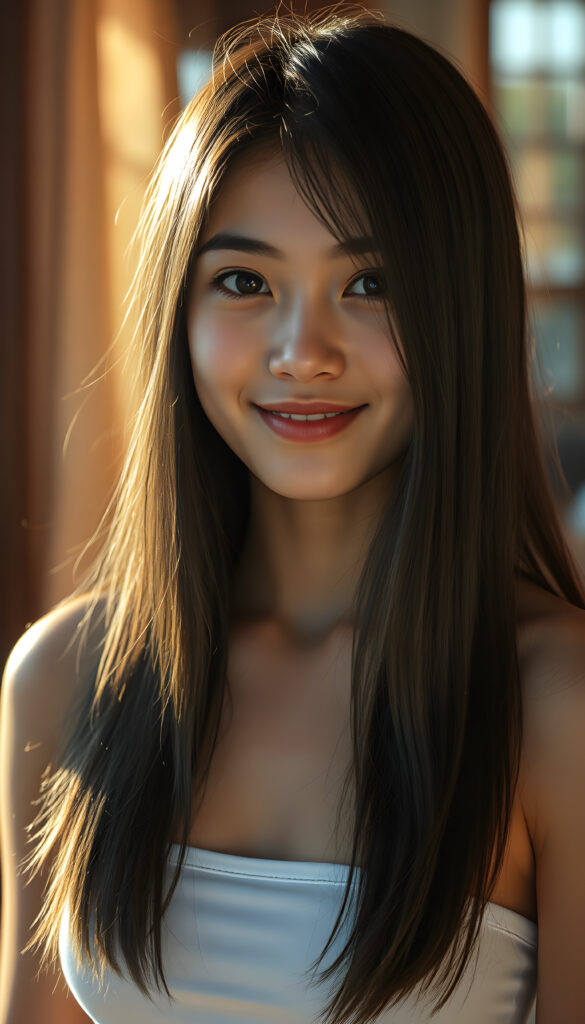 A young super photo realistic well busty girl with long, soft black straight hair and bright, detailed eyes, wearing a white cropped tank top. Her skin has a pale, almost translucent quality, and she smiles warm at the camera, the scene is bathed in warm, golden light, creating a whimsical and serene atmosphere.
