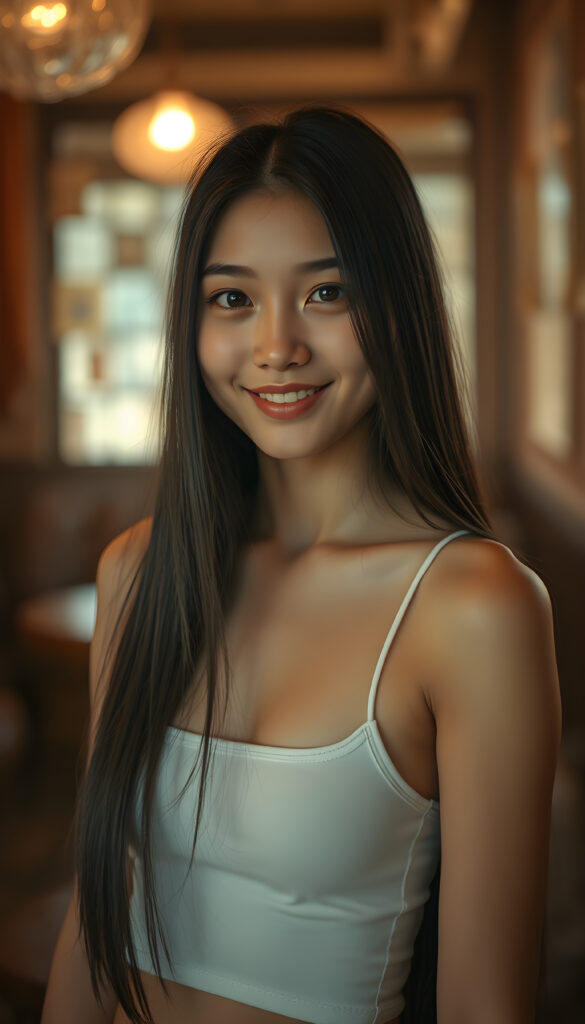 A young super photo realistic well busty girl with long, soft black straight hair and bright, detailed eyes, wearing a white cropped tank top. Her skin has a pale, almost translucent quality, and she smiles warm at the camera, the scene is bathed in warm, golden light, creating a whimsical and serene atmosphere.