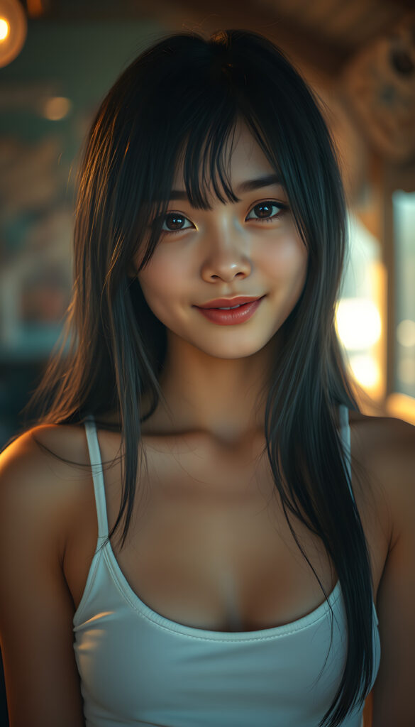 A young super photo realistic well busty girl with long, soft black straight hair and bright, detailed eyes, wearing a white cropped tank top. Her skin has a pale, almost translucent quality, and she smiles warm at the camera, the scene is bathed in warm, golden light, creating a whimsical and serene atmosphere.
