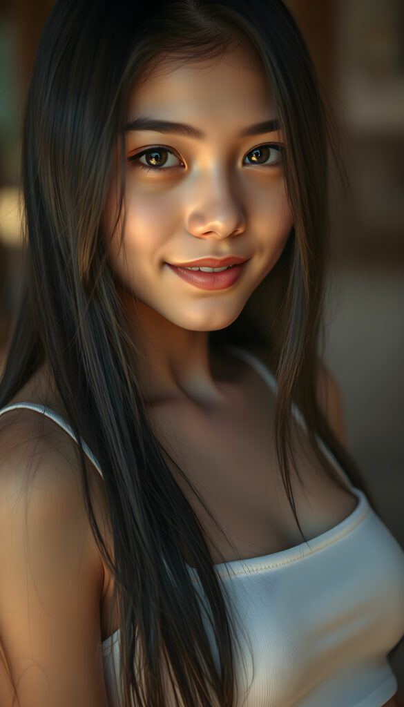 A young super photo realistic well busty girl with long, soft black straight hair and bright, detailed eyes, wearing a white cropped tank top. Her skin has a pale, almost translucent quality, and she smiles warm at the camera, the scene is bathed in warm, golden light, creating a whimsical and serene atmosphere.