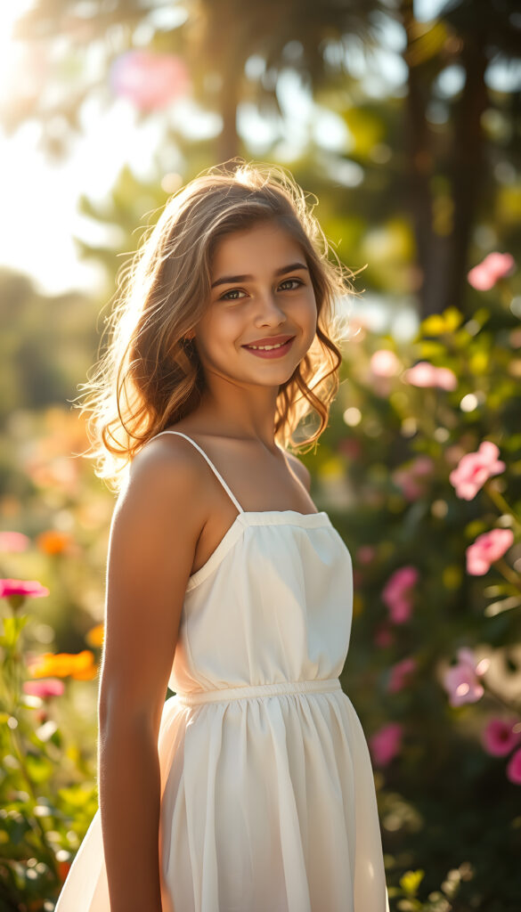 A young, tanned teenage girl standing confidently in a sunlit garden, wearing a flowing white dress that gently billows in the breeze. Her hair is styled in loose curls, and she has a playful, mischievous smile. The garden is lush with vibrant flowers and greenery, and the sunlight casts a warm, golden glow, highlighting her features and creating a dreamy, magical atmosphere. The overall composition is bright and cheerful, with a focus on her joyful expression and the beauty of the natural surroundings.