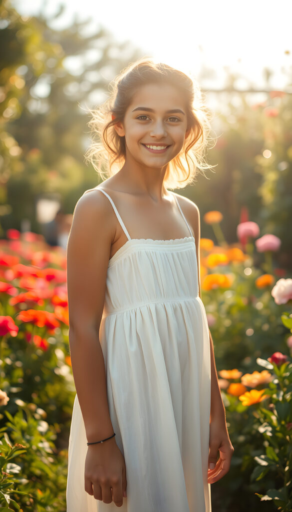 A young, tanned teenage girl standing confidently in a sunlit garden, wearing a flowing white dress that gently billows in the breeze. Her hair is styled in loose curls, and she has a playful, mischievous smile. The garden is lush with vibrant flowers and greenery, and the sunlight casts a warm, golden glow, highlighting her features and creating a dreamy, magical atmosphere. The overall composition is bright and cheerful, with a focus on her joyful expression and the beauty of the natural surroundings.