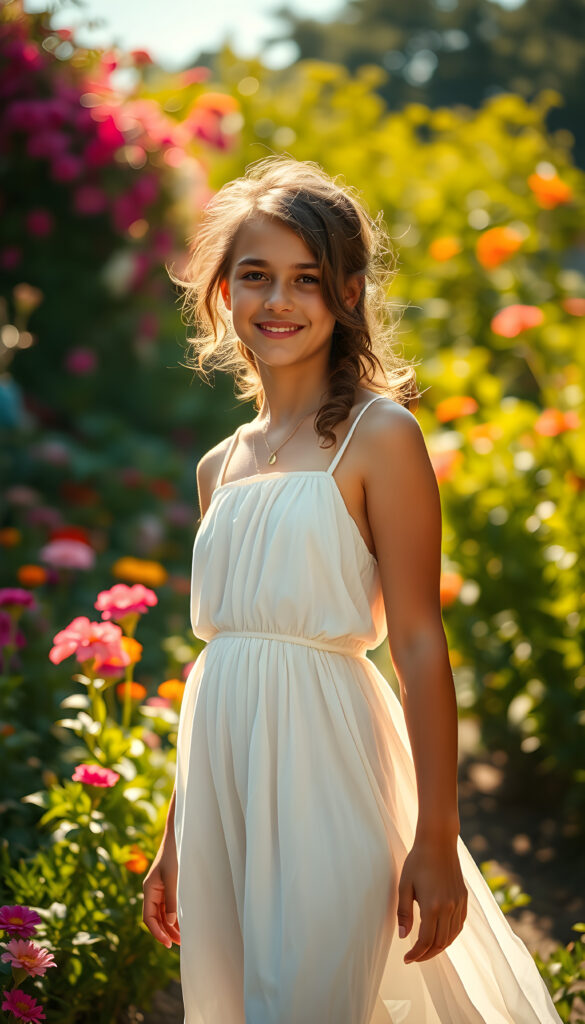 A young, tanned teenage girl standing confidently in a sunlit garden, wearing a flowing white dress that gently billows in the breeze. Her hair is styled in loose curls, and she has a playful, mischievous smile. The garden is lush with vibrant flowers and greenery, and the sunlight casts a warm, golden glow, highlighting her features and creating a dreamy, magical atmosphere. The overall composition is bright and cheerful, with a focus on her joyful expression and the beauty of the natural surroundings.