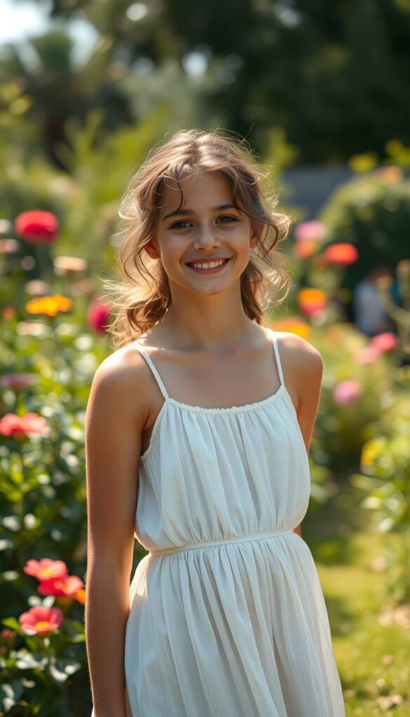 A young, tanned teenage girl standing confidently in a sunlit garden, wearing a flowing white dress that gently billows in the breeze. Her hair is styled in loose curls, and she has a playful, mischievous smile. The garden is lush with vibrant flowers and greenery, and the sunlight casts a warm, golden glow, highlighting her features and creating a dreamy, magical atmosphere. The overall composition is bright and cheerful, with a focus on her joyful expression and the beauty of the natural surroundings.