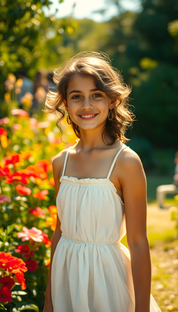 A young, tanned teenage girl standing confidently in a sunlit garden, wearing a flowing white dress that gently billows in the breeze. Her hair is styled in loose curls, and she has a playful, mischievous smile. The garden is lush with vibrant flowers and greenery, and the sunlight casts a warm, golden glow, highlighting her features and creating a dreamy, magical atmosphere. The overall composition is bright and cheerful, with a focus on her joyful expression and the beauty of the natural surroundings.