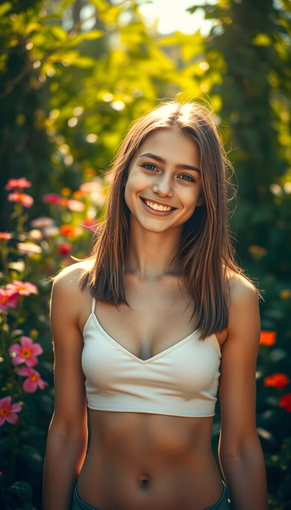 A young, tanned well busty teenage girl standing confidently in a sunlit garden. Her hair is straight and light brown, and she has a playful, mischievous smile. The garden is lush with vibrant flowers and greenery, and the sunlight casts a warm, golden glow, highlighting her features and creating a dreamy, magical atmosphere. Dressed in a short cropped spaghetti tank top, deep v-neck and wide open front, bright and cheerful, with a focus on her joyful expression and the beauty of the natural surroundings.