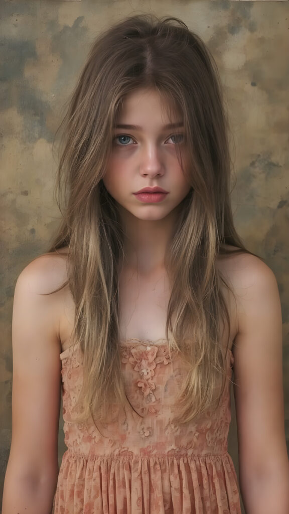 A young teen girl in a flower thin dress, 19 years old with long hair stands in front of the viewer, artistically and dreamily depicted.