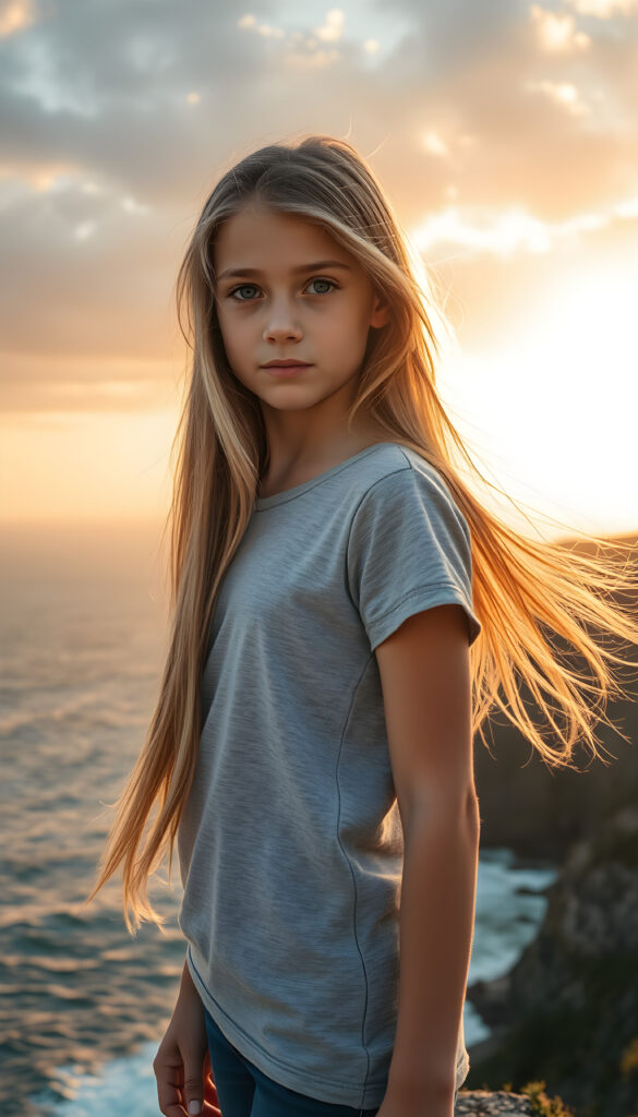 A young teen girl, perfect curved female body, with long, flowing golden hair same length right and left, standing on a windswept cliff overlooking a vast ocean. Her eyes are filled with determination. She wears a plain, light grey t-shirt. The setting sun casts a warm, golden glow over the scene and the rugged landscape. The image is rich in detail, with dynamic lighting and a sense of adventure and exploration.