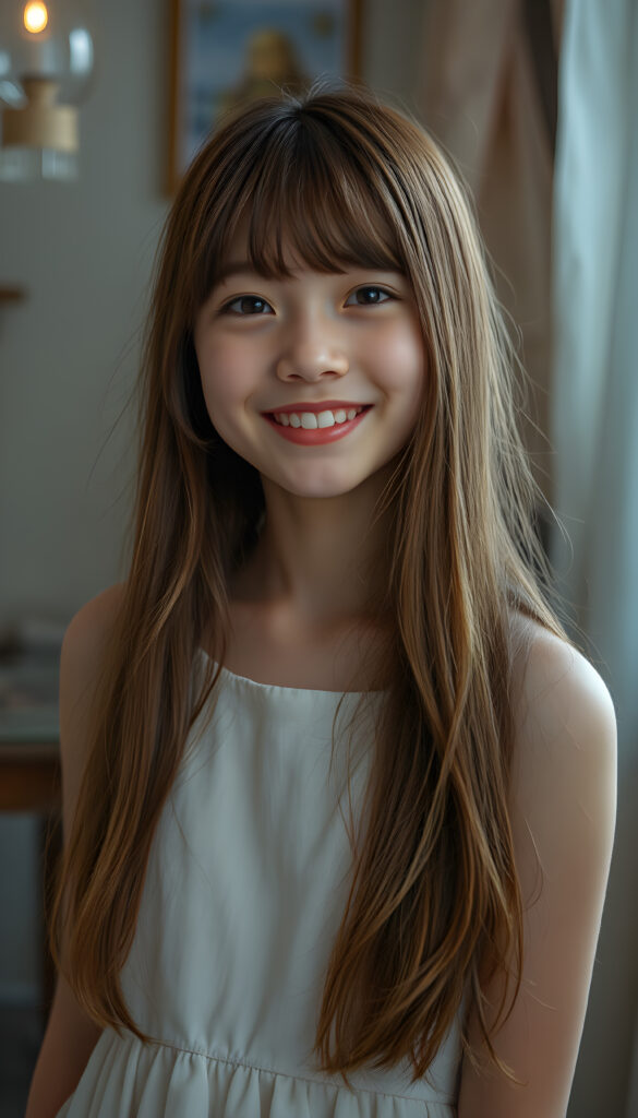 A young teen girl with auburn long hair styled in Korean bangs, her dark eyes sparkling with joy and a warm smile. Her hair cascades gracefully over her shoulders, and she wears a light, airy dress that flows gently around her. The lighting is soft and diffused, creating a serene and dreamy atmosphere. The overall composition is balanced, with the girl positioned slightly off-center, allowing for a glimpse of the room's enchanting decor.