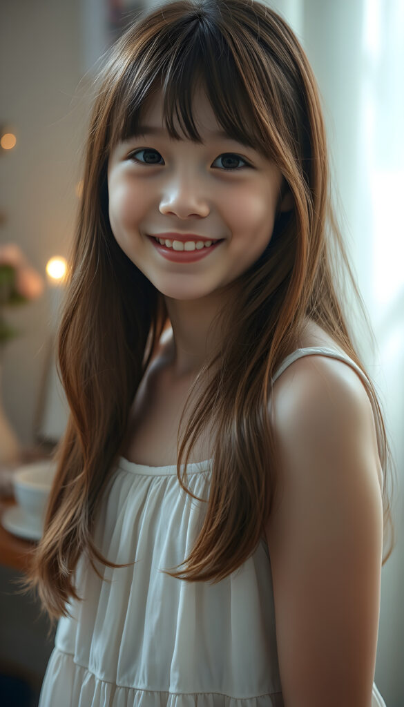 A young teen girl with auburn long hair styled in Korean bangs, her dark eyes sparkling with joy and a warm smile. Her hair cascades gracefully over her shoulders, and she wears a light, airy dress that flows gently around her. The lighting is soft and diffused, creating a serene and dreamy atmosphere. The overall composition is balanced, with the girl positioned slightly off-center, allowing for a glimpse of the room's enchanting decor.