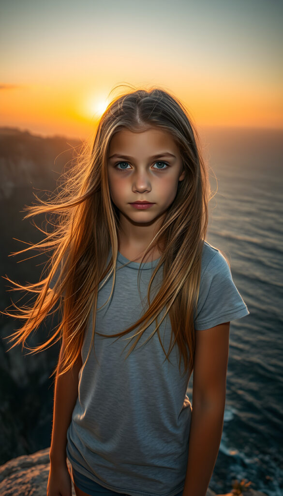 A young teen girl with long, flowing golden hair, standing on a windswept cliff overlooking a vast ocean. Her eyes are filled with determination. She wears a plain, light grey t-shirt. The setting sun casts a warm, golden glow over the scene and the rugged landscape. The image is rich in detail, with dynamic lighting and a sense of adventure and exploration.