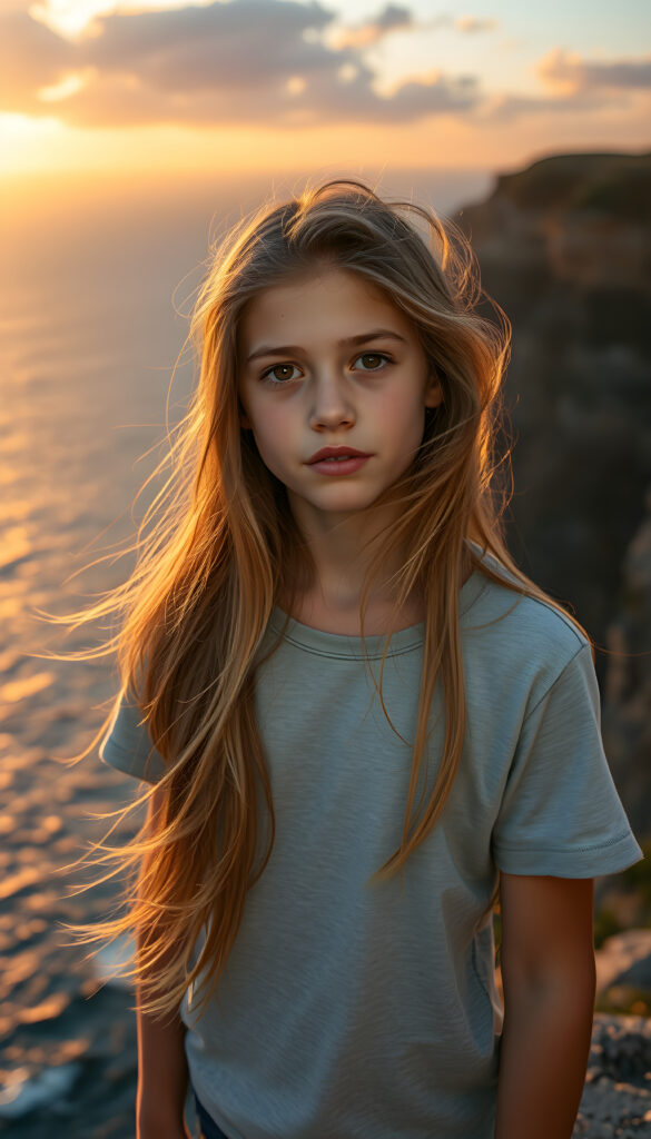 A young teen girl with long, flowing golden hair, standing on a windswept cliff overlooking a vast ocean. Her eyes are filled with determination. She wears a plain, light grey t-shirt. The setting sun casts a warm, golden glow over the scene and the rugged landscape. The image is rich in detail, with dynamic lighting and a sense of adventure and exploration.