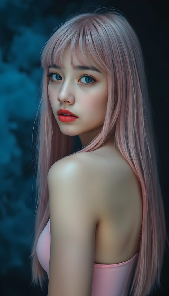 A young teen girl with long ((pink straight hair)), bangs. She has flawless skin, red lips, and deep blue eyes. She’s wearing a pink plain thin top, she looks seductively over her shoulder. Blue fog over black backdrop.