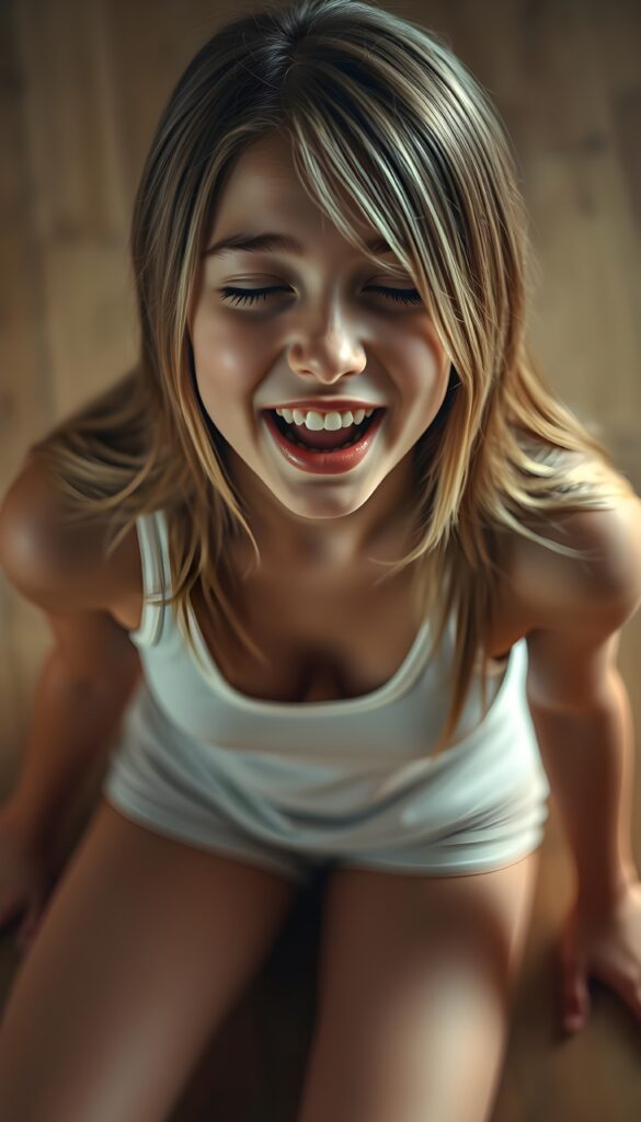 A realistic detailed young teen girl in a lying position on the wooden floor, she sticks out her tongue and looks at the camera. She is wearing a tight white tank top with a low and deep v-neckline. Straight, shiny light soft open blonde hair with brown highlight falls down, wide open mouth with white teeth, blue eyes. Her two hands and five fingers on the floor. View from the front