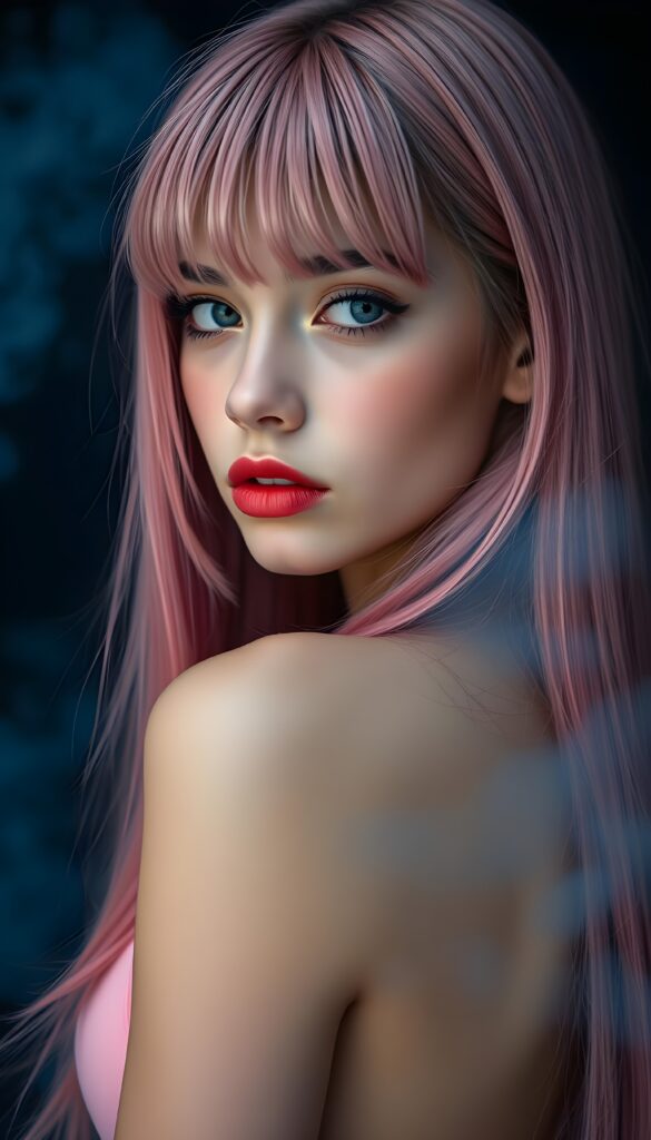 A young teen girl with long ((pink straight hair)), bangs. She has flawless skin, red lips, and deep blue eyes. She’s wearing a pink plain thin top, she looks seductively over her shoulder. Blue fog over black backdrop.