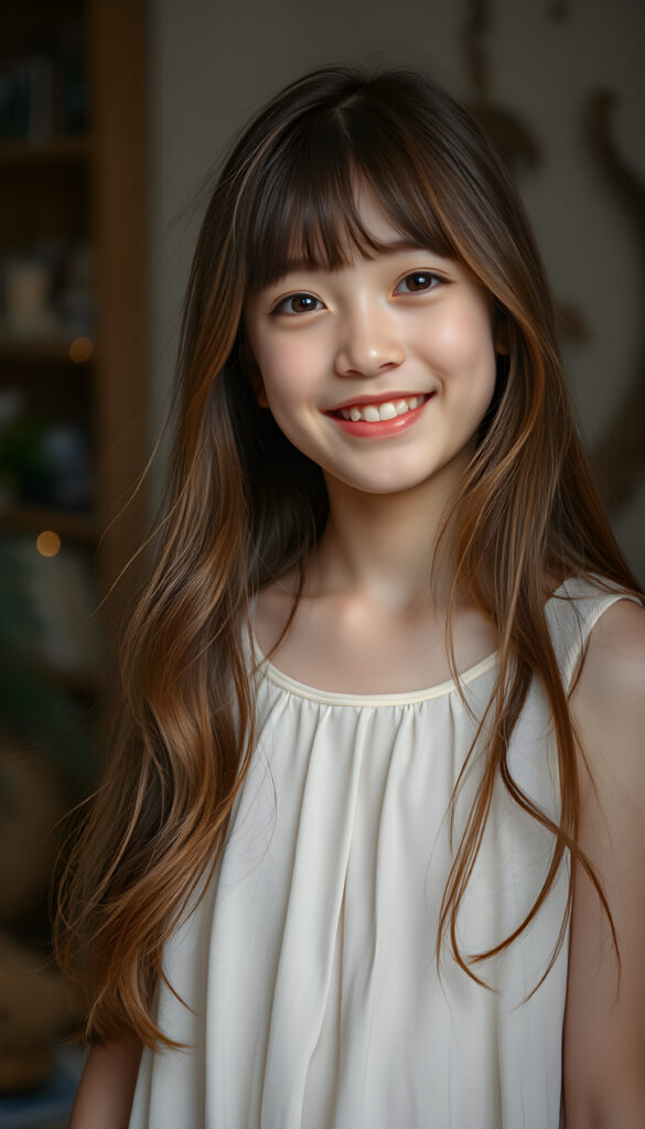 A young teen girl with auburn long hair styled in Korean bangs, her dark eyes sparkling with joy and a warm smile. Her hair cascades gracefully over her shoulders, and she wears a light, airy dress that flows gently around her. The lighting is soft and diffused, creating a serene and dreamy atmosphere. The overall composition is balanced, with the girl positioned slightly off-center, allowing for a glimpse of the room's enchanting decor.
