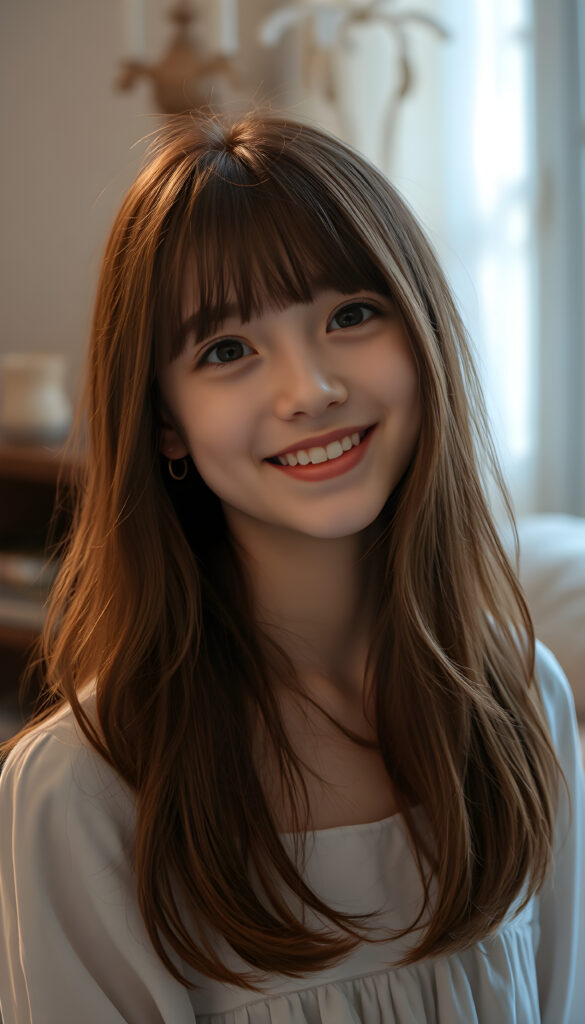 A young teen girl with auburn long hair styled in Korean bangs, her dark eyes sparkling with joy and a warm smile. Her hair cascades gracefully over her shoulders, and she wears a light, airy dress that flows gently around her. The lighting is soft and diffused, creating a serene and dreamy atmosphere. The overall composition is balanced, with the girl positioned slightly off-center, allowing for a glimpse of the room's enchanting decor.