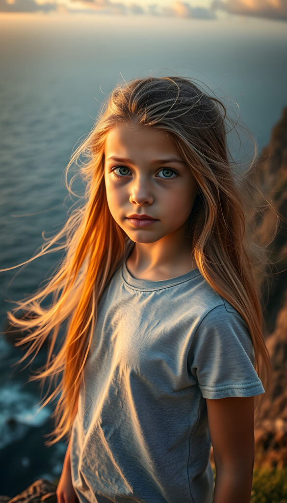 A young teen girl with long, flowing golden hair, standing on a windswept cliff overlooking a vast ocean. Her eyes are filled with determination. She wears a plain, light grey t-shirt. The setting sun casts a warm, golden glow over the scene and the rugged landscape. The image is rich in detail, with dynamic lighting and a sense of adventure and exploration.