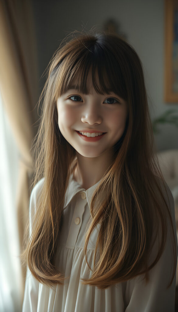 A young teen girl with auburn long hair styled in Korean bangs, her dark eyes sparkling with joy and a warm smile. Her hair cascades gracefully over her shoulders, and she wears a light, airy dress that flows gently around her. The lighting is soft and diffused, creating a serene and dreamy atmosphere. The overall composition is balanced, with the girl positioned slightly off-center, allowing for a glimpse of the room's enchanting decor.