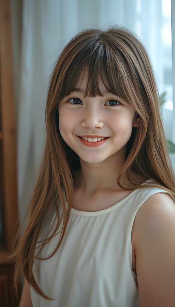 A young teen girl with auburn long hair styled in Korean bangs, her dark eyes sparkling with joy and a warm smile. Her hair cascades gracefully over her shoulders, and she wears a light, airy dress that flows gently around her. The lighting is soft and diffused, creating a serene and dreamy atmosphere. The overall composition is balanced, with the girl positioned slightly off-center, allowing for a glimpse of the room's enchanting decor.