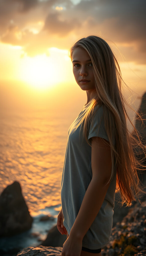 A young teen girl, perfect curved female body, with long, flowing golden hair same length right and left, standing on a windswept cliff overlooking a vast ocean. Her eyes are filled with determination. She wears a plain, light grey t-shirt. The setting sun casts a warm, golden glow over the scene and the rugged landscape. The image is rich in detail, with dynamic lighting and a sense of adventure and exploration.