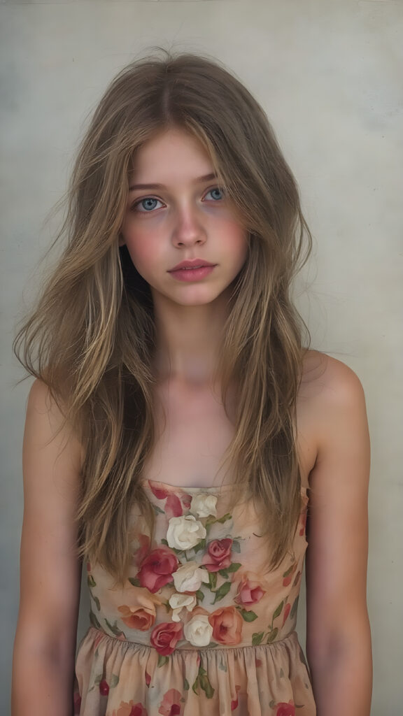A young teen girl in a flower thin dress, 19 years old with long hair stands in front of the viewer, artistically and dreamily depicted.
