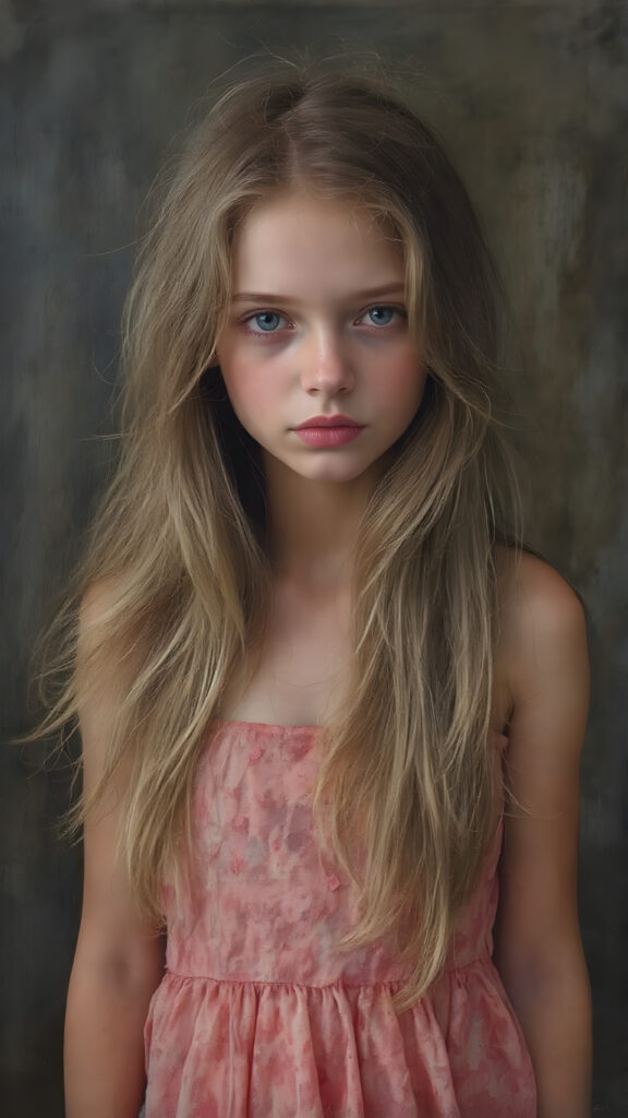 A young teen girl in a flower thin dress, 19 years old with long hair stands in front of the viewer, artistically and dreamily depicted.