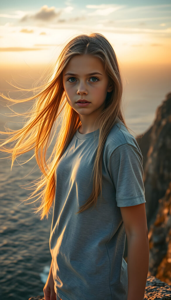 A young teen girl, perfect curved female body, with long, flowing golden hair same length right and left, standing on a windswept cliff overlooking a vast ocean. Her eyes are filled with determination. She wears a plain, light grey t-shirt. The setting sun casts a warm, golden glow over the scene and the rugged landscape. The image is rich in detail, with dynamic lighting and a sense of adventure and exploration.