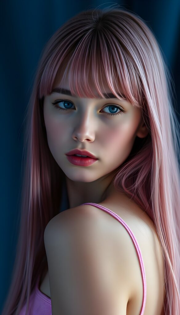 A young teen girl with long ((pink straight hair)), bangs. She has flawless skin, red lips, and deep blue eyes. She’s wearing a pink plain thin top, she looks seductively over her shoulder. Blue fog over black backdrop.