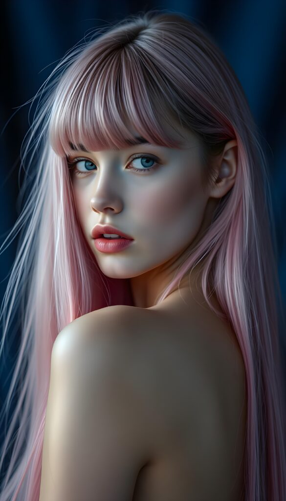 A young teen girl with long ((pink straight hair)), bangs. She has flawless skin, red lips, and deep blue eyes. She’s wearing a pink plain thin top, she looks seductively over her shoulder. Blue fog over black backdrop.