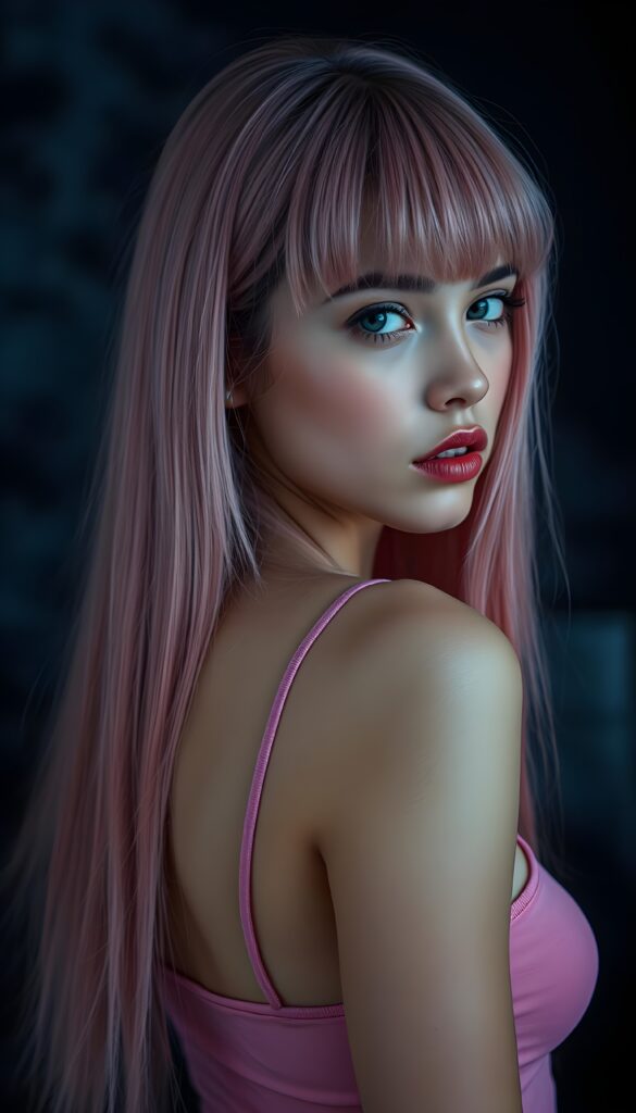 A young teen girl with long ((pink straight hair)), bangs. She has flawless skin, red lips, and deep blue eyes. She’s wearing a pink plain thin top, she looks seductively over her shoulder. Blue fog over black backdrop.