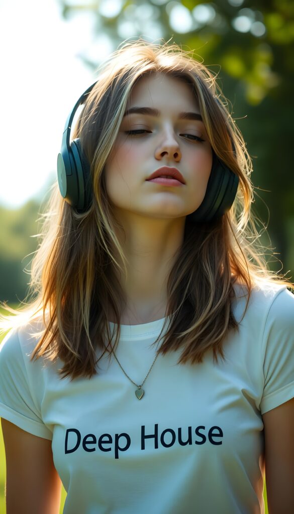 A young teen girl with soft, straight brown shoulder-long hair and blond highlights wears large wireless headphones and listens to music with her eyes closed. The sun shines on her flawless face. Green natural background in a park. Peaceful. She wears a white thin T-shirt with the words “Deep House” printed on it. Front view.