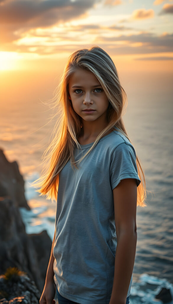 A young teen girl, perfect curved female body, with long, flowing golden hair same length right and left, standing on a windswept cliff overlooking a vast ocean. Her eyes are filled with determination. She wears a plain, light grey t-shirt. The setting sun casts a warm, golden glow over the scene and the rugged landscape. The image is rich in detail, with dynamic lighting and a sense of adventure and exploration.
