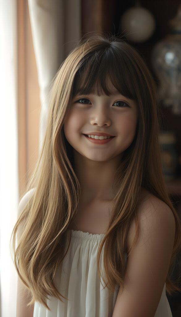 A young teen girl with auburn long hair styled in Korean bangs, her dark eyes sparkling with joy and a warm smile. Her hair cascades gracefully over her shoulders, and she wears a light, airy dress that flows gently around her. The lighting is soft and diffused, creating a serene and dreamy atmosphere. The overall composition is balanced, with the girl positioned slightly off-center, allowing for a glimpse of the room's enchanting decor.