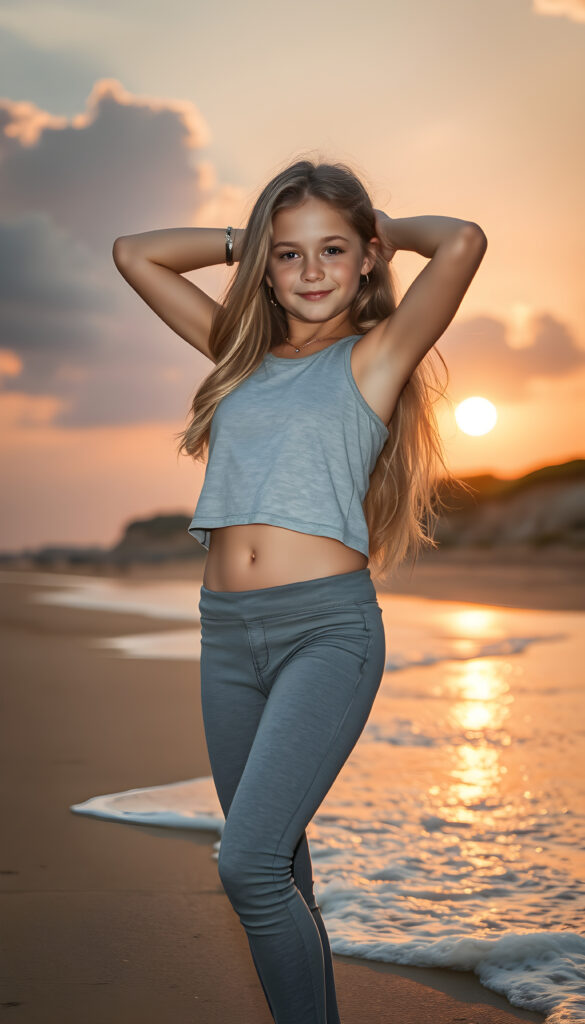 A young teen girl stands gracefully on a sunlit, golden beach, with waves gently lapping at her feet. The sky is painted with warm hues of orange and pink as the sun sets behind fluffy clouds, casting a soft glow over the scene. She wears a light grey cropped tank top that complements her playful, dynamic pose, her long, silky blond hair is wavy, adding a sense of movement and beauty to the serene coastal landscape, she holds her arms up high, bar feet