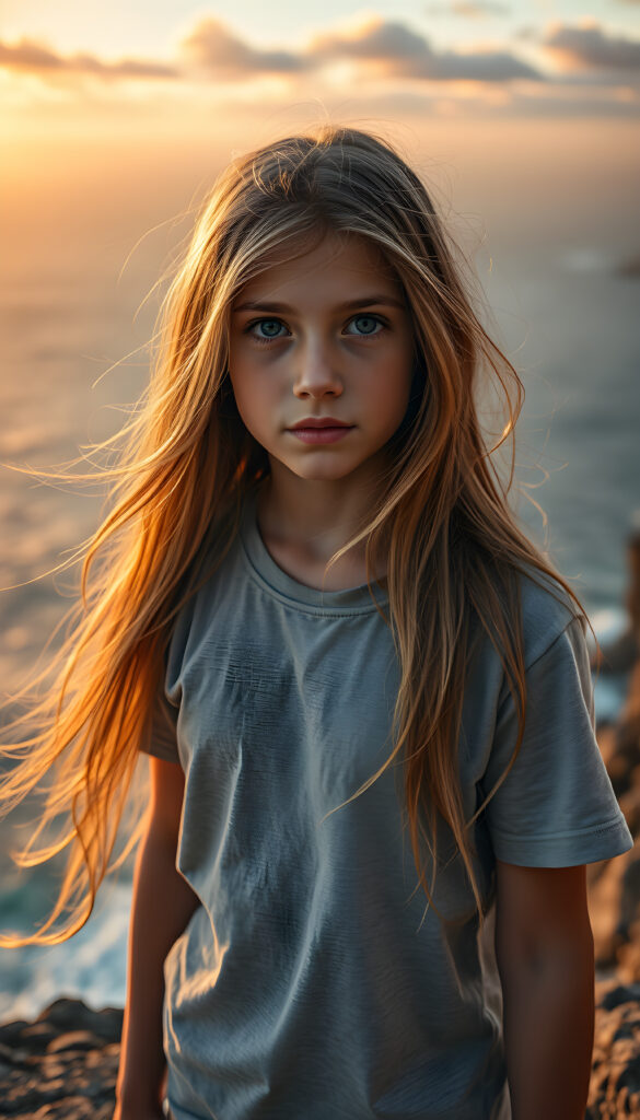 A young teen girl with long, flowing golden hair, standing on a windswept cliff overlooking a vast ocean. Her eyes are filled with determination. She wears a plain, light grey t-shirt. The setting sun casts a warm, golden glow over the scene and the rugged landscape. The image is rich in detail, with dynamic lighting and a sense of adventure and exploration.