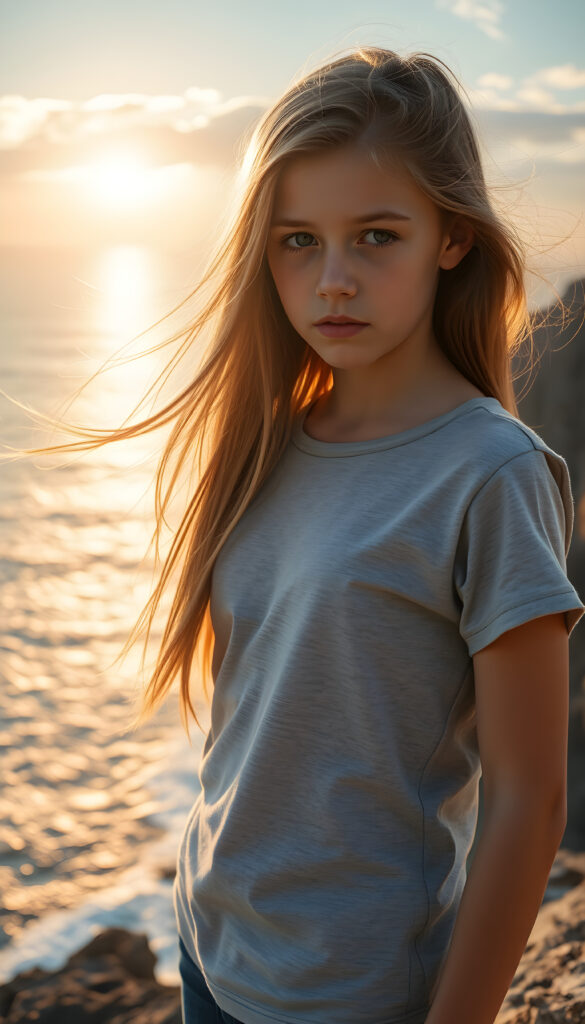 A young teen girl, perfect curved female body, with long, flowing golden hair same length right and left, standing on a windswept cliff overlooking a vast ocean. Her eyes are filled with determination. She wears a plain, light grey t-shirt. The setting sun casts a warm, golden glow over the scene and the rugged landscape. The image is rich in detail, with dynamic lighting and a sense of adventure and exploration.