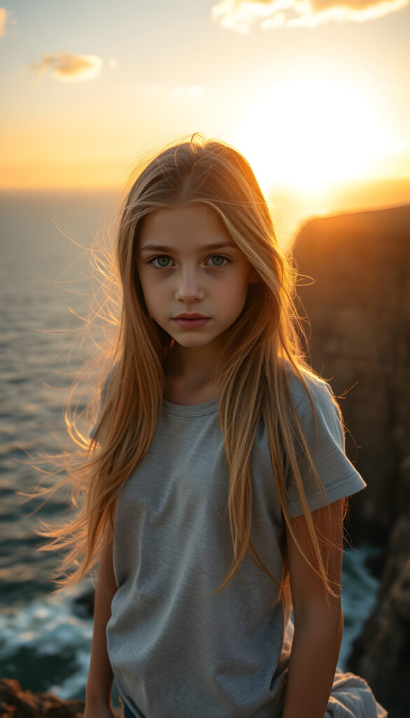 A young teen girl, perfect curved female body, with long, flowing golden hair same length right and left, standing on a windswept cliff overlooking a vast ocean. Her eyes are filled with determination. She wears a plain, light grey t-shirt. The setting sun casts a warm, golden glow over the scene and the rugged landscape. The image is rich in detail, with dynamic lighting and a sense of adventure and exploration.