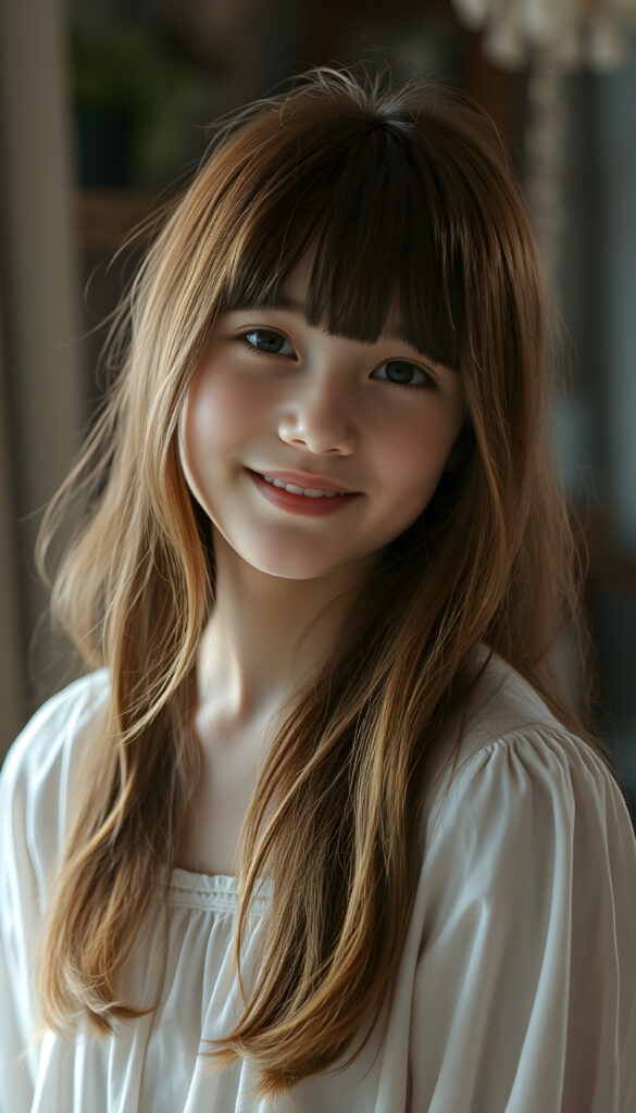 A young teen girl with auburn long hair styled in Korean bangs, her dark eyes sparkling with joy and a warm smile. Her hair cascades gracefully over her shoulders, and she wears a light, airy dress that flows gently around her. The lighting is soft and diffused, creating a serene and dreamy atmosphere. The overall composition is balanced, with the girl positioned slightly off-center, allowing for a glimpse of the room's enchanting decor.