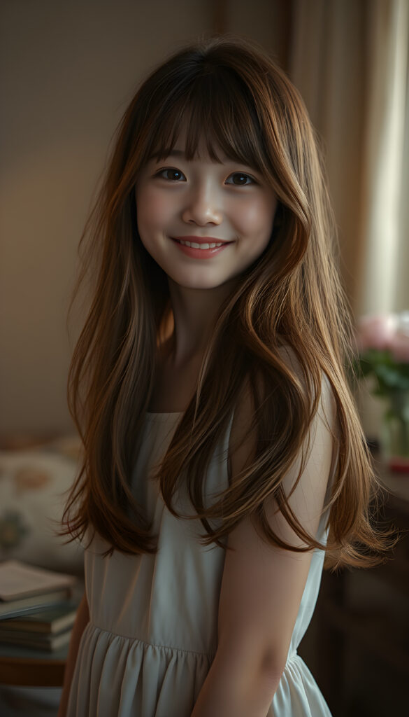 A young teen girl with auburn long hair styled in Korean bangs, her dark eyes sparkling with joy and a warm smile. Her hair cascades gracefully over her shoulders, and she wears a light, airy dress that flows gently around her. The lighting is soft and diffused, creating a serene and dreamy atmosphere. The overall composition is balanced, with the girl positioned slightly off-center, allowing for a glimpse of the room's enchanting decor.