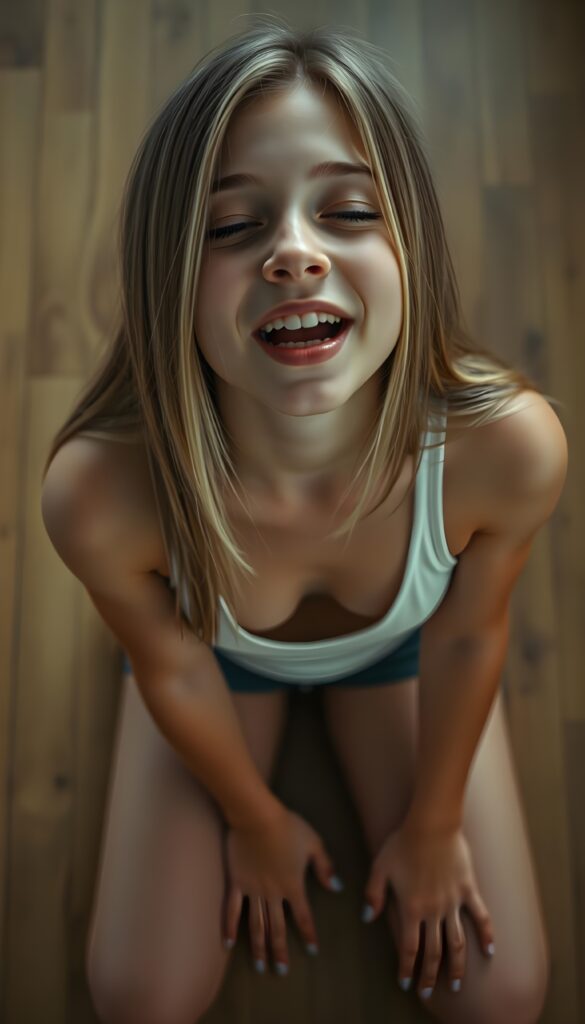 A realistic detailed young teen girl in a lying position on the wooden floor, she sticks out her tongue and looks at the camera. She is wearing a tight white tank top with a low and deep v-neckline. Straight, shiny light soft open blonde hair with brown highlight falls down, wide open mouth with white teeth, blue eyes. Her two hands and five fingers on the floor. View from the front