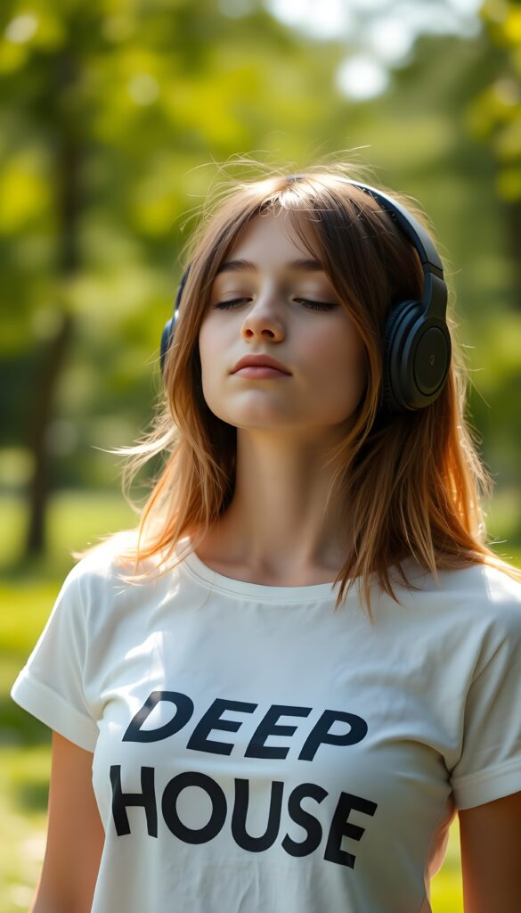 A young teen girl with soft, straight brown shoulder-long hair and blond highlights wears large wireless headphones and listens to music with her eyes closed. The sun shines on her flawless face. Green natural background in a park. Peaceful. She wears a white thin T-shirt with the words “Deep House” printed on it. Front view.