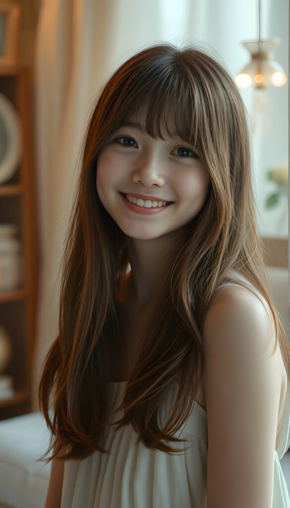 A young teen girl with auburn long hair styled in Korean bangs, her dark eyes sparkling with joy and a warm smile. Her hair cascades gracefully over her shoulders, and she wears a light, airy dress that flows gently around her. The lighting is soft and diffused, creating a serene and dreamy atmosphere. The overall composition is balanced, with the girl positioned slightly off-center, allowing for a glimpse of the room's enchanting decor.