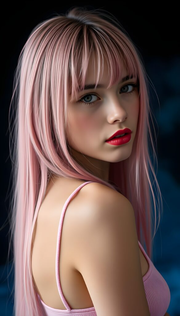A young teen girl with long ((pink straight hair)), bangs. She has flawless skin, red lips, and deep blue eyes. She’s wearing a pink plain thin top, she looks seductively over her shoulder. Blue fog over black backdrop.