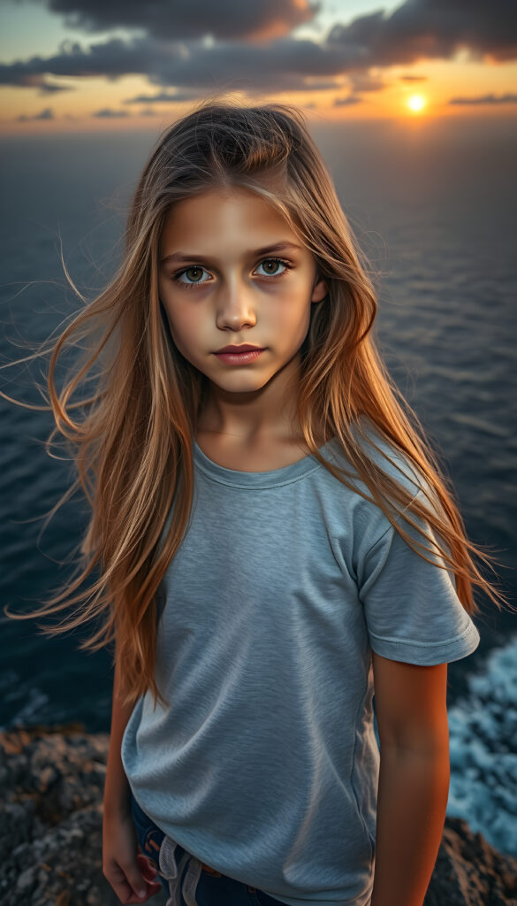 A young teen girl with long, flowing golden hair, standing on a windswept cliff overlooking a vast ocean. Her eyes are filled with determination. She wears a plain, light grey t-shirt. The setting sun casts a warm, golden glow over the scene and the rugged landscape. The image is rich in detail, with dynamic lighting and a sense of adventure and exploration.