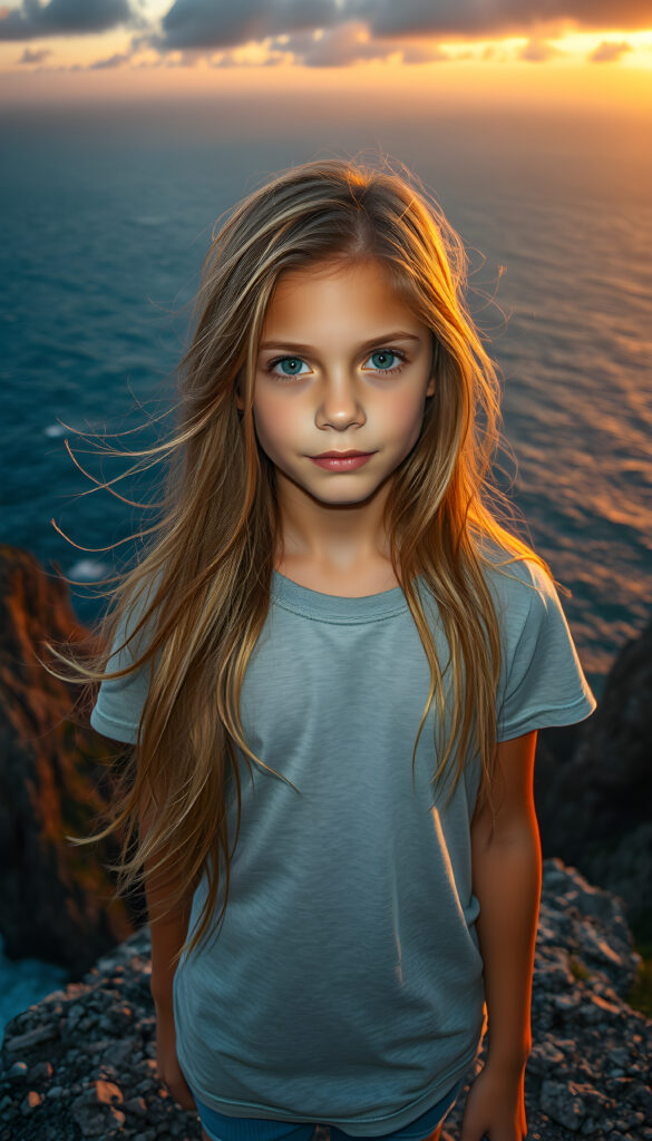 A young teen girl with long, flowing golden hair, standing on a windswept cliff overlooking a vast ocean. Her eyes are filled with determination. She wears a plain, light grey t-shirt. The setting sun casts a warm, golden glow over the scene and the rugged landscape. The image is rich in detail, with dynamic lighting and a sense of adventure and exploration.