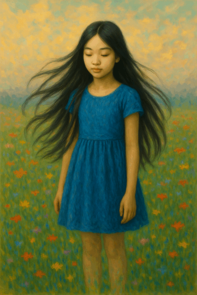 erstelle mir ein kunstvolles Bild von einem Mädchen auf einer Blumenwiese