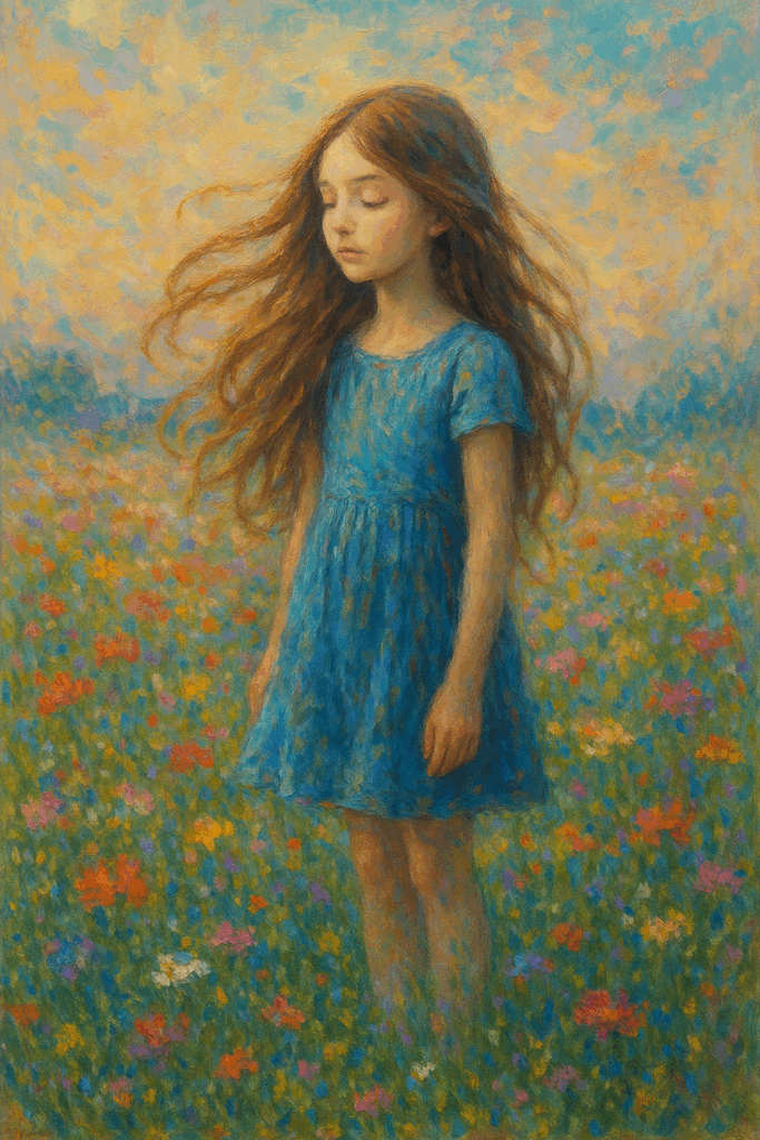 erstelle mir ein kunstvolles Bild von einem Mädchen auf einer Blumenwiese